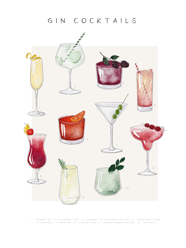 Gin Cocktails Watercolour