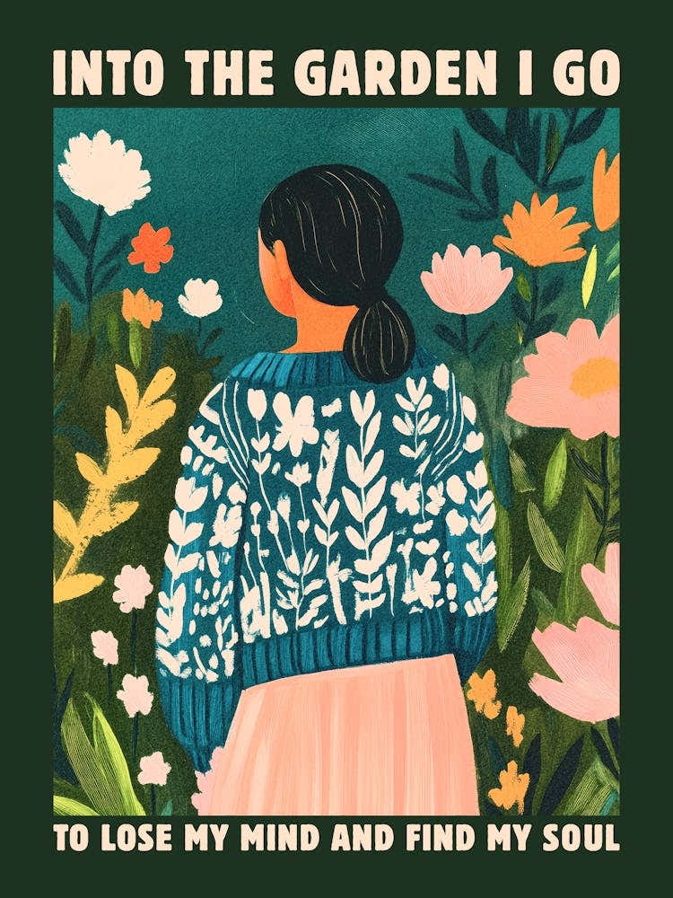 Into the Garden I Go Wall Art Peaceful Nature Lover Illustration with Inspirational Quote, Folk-Inspired Floral Print Boho Living Room Whimsical Botanical Decor, Flower Garden Artwork Cozy Bedroom