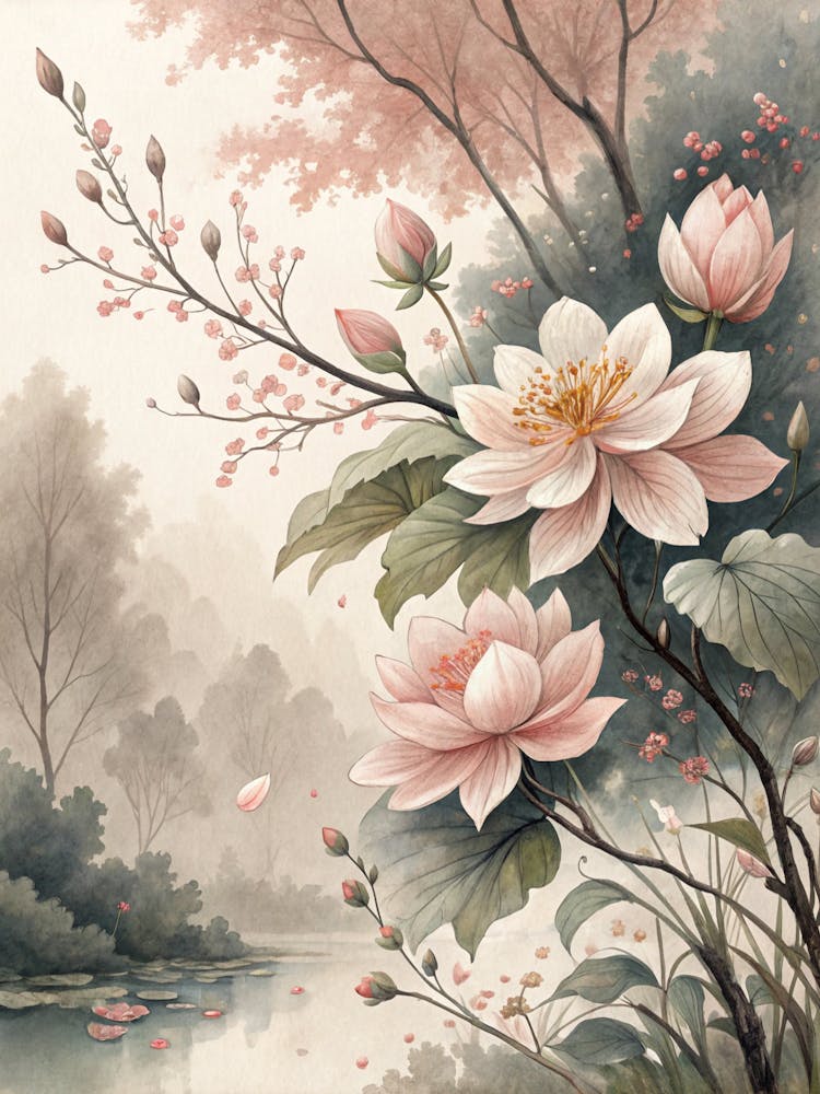 Oil Painting Style Delicate Petals And Foliage
