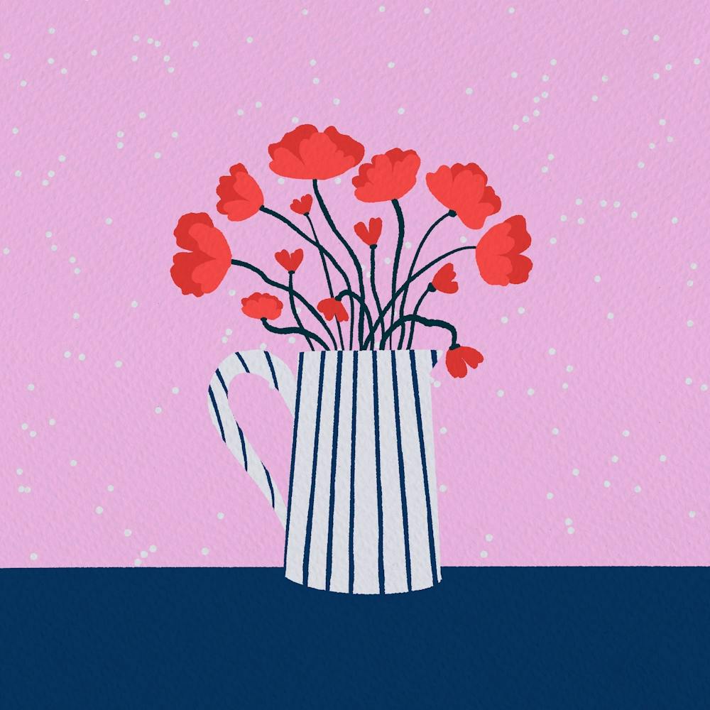 Red poppies - pink and blue