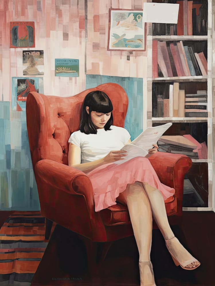 Girl Reading Books Pink