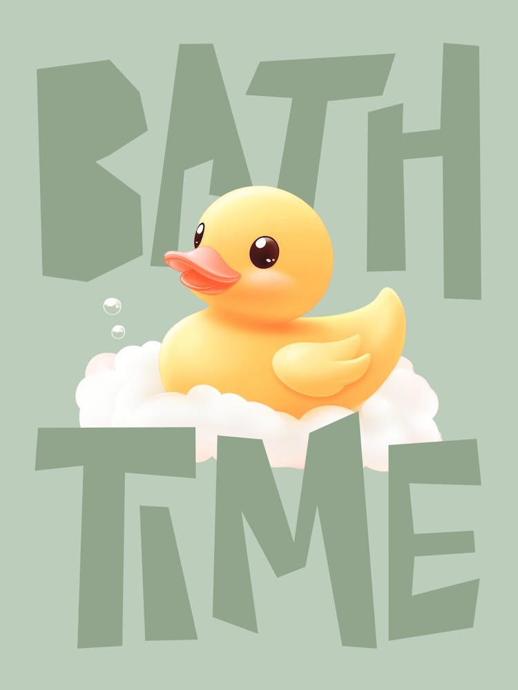 Cute Rubber Duck Pastel Bathroom Art for Kids, Sage Green Bath Time Poster Rubber Ducky Wall Print for Nursery or Playroom, Funny wall art for Bathroom Decor