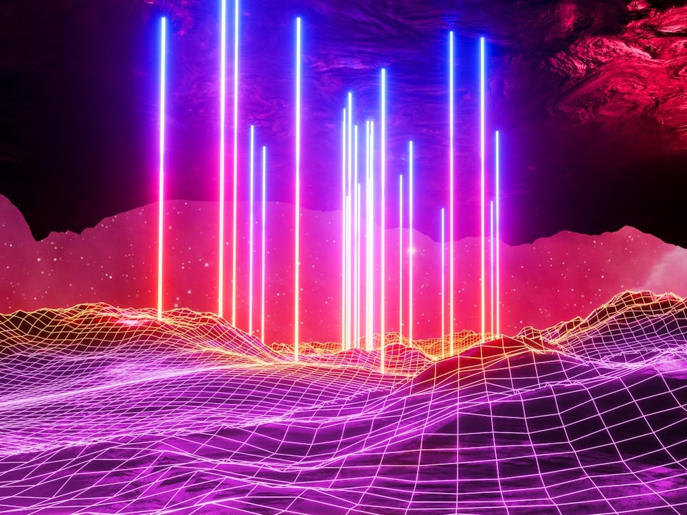 Neon space landscape: Rays [synthwave/vaporwave/cyberpunk] — aesthetic retrowave neon poster
