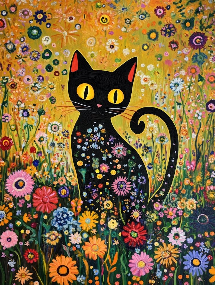 Black Cat In The Flower Field