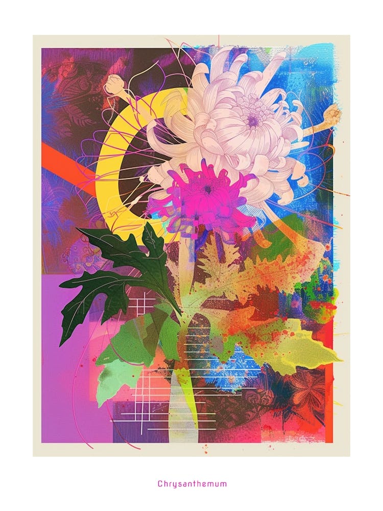 Chrysanthemum 2 Neon Flower Collage Poster
