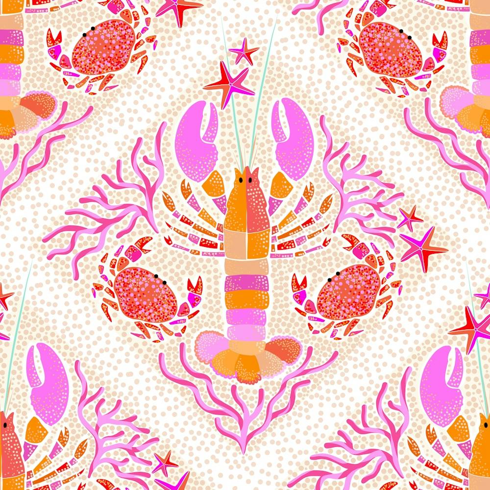 Summer Coastal Boho Lobster, Crab & Coral - Lattice Pink
