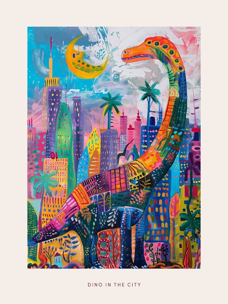 Colourful Cityscape Pattern Dinosaur Poster