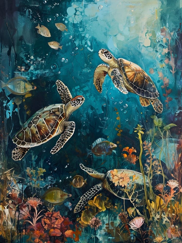 Sea Turtles With A Coral Reef Expressionism Style Painting 8