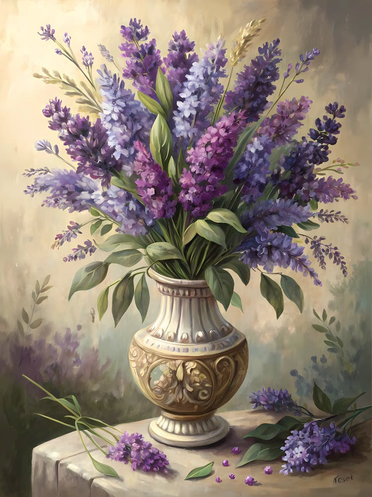 Oil Painting Style Stylized Bouquet With Lavender