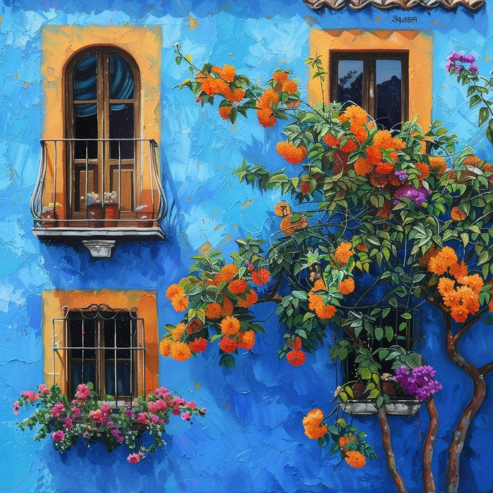 Blue House With Orange Flowers