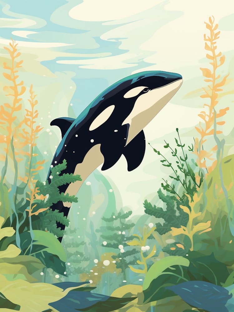 Orca Whale And Aquatic Plants Block Colours