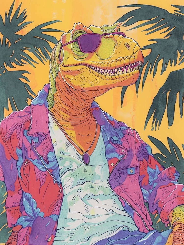 Dinosaur On Vacation Fine Line Illustration