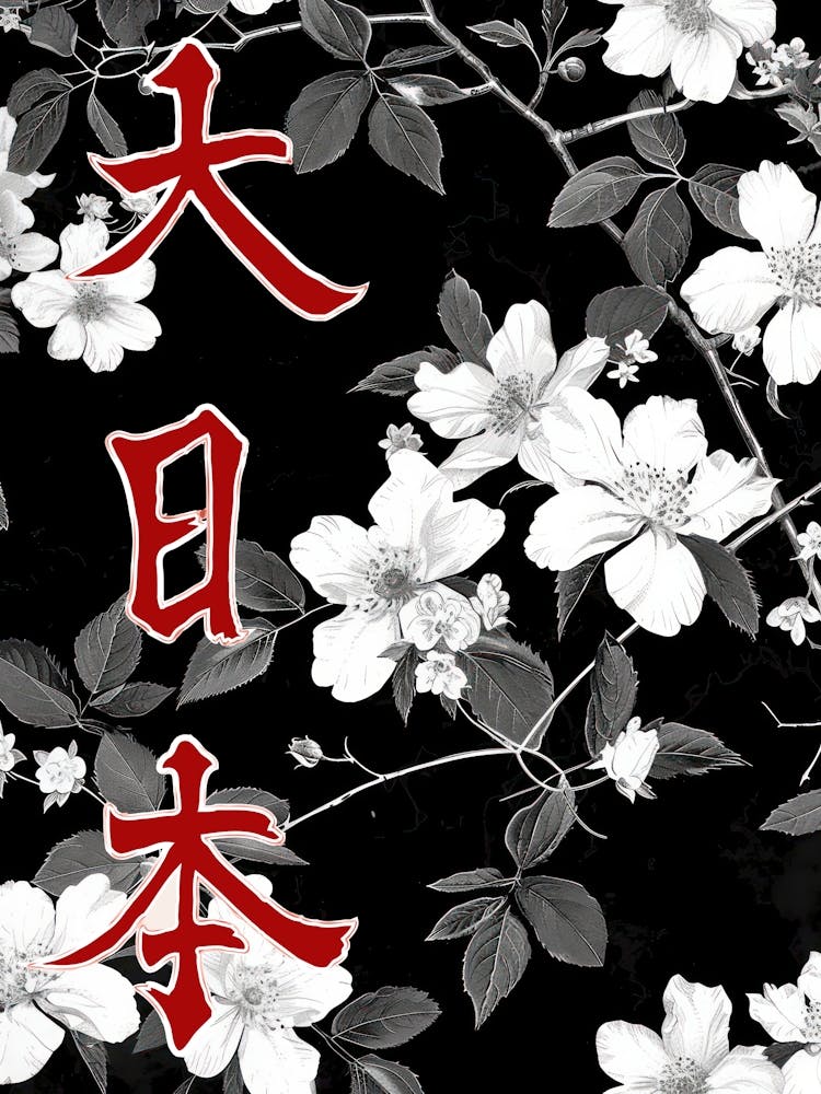 Hokusai Great Japan Poster Monochrome Flowers 3