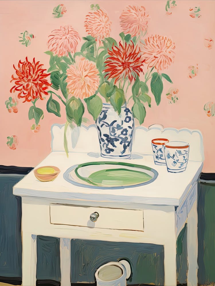 Bathroom Vanity Painting With A Dahlia Bouquet 4