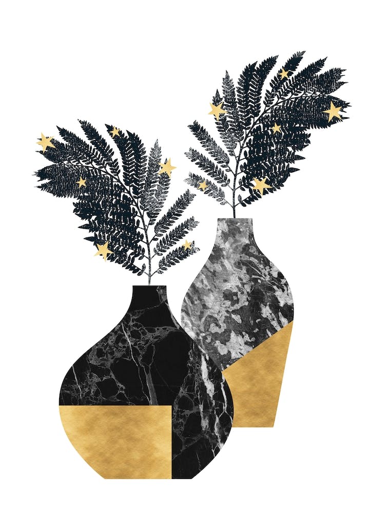 Modern Vase Botanical – Black Marble and Gold Leaf Design