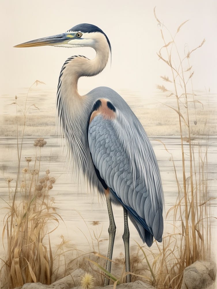 Vintage Bird Drawing Great Blue Heron 2