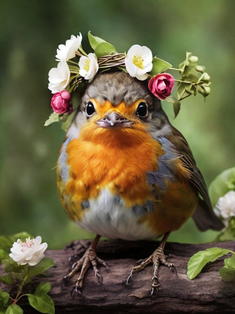 Robin In Flower Crown