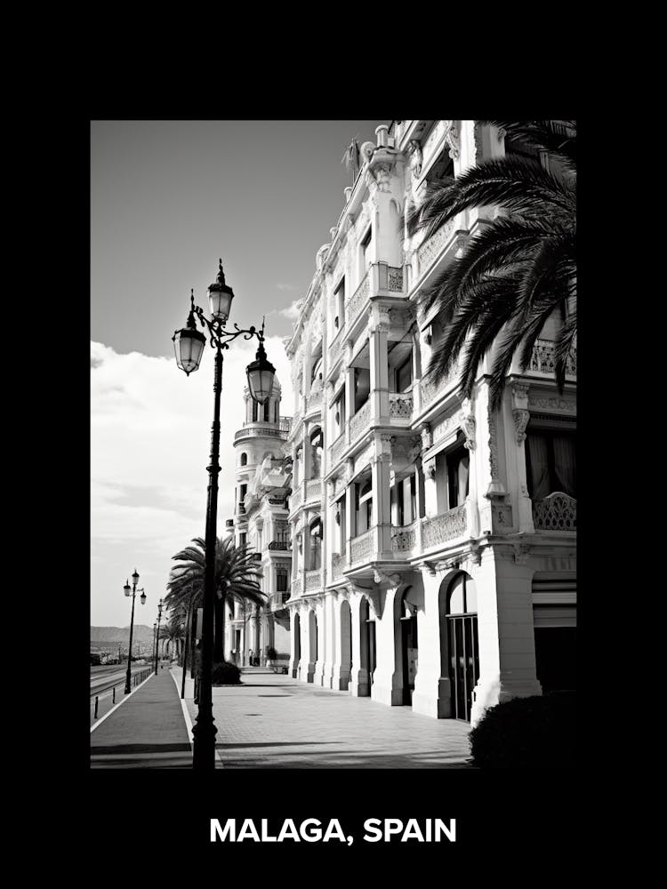 Poster Of Malaga, Spain, Mediterranean Black And White Photography Analogue 4