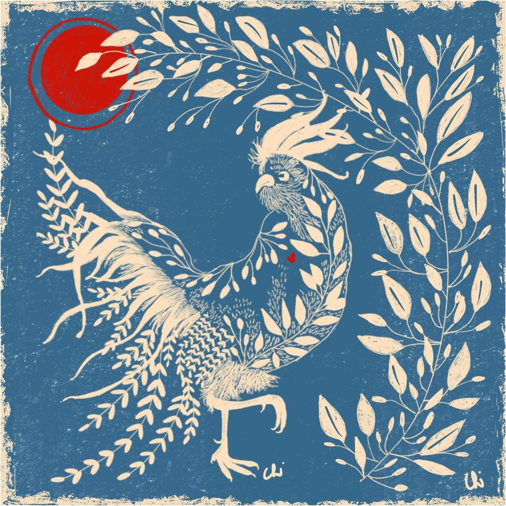 The Rooster And Leaves Light Blue Square