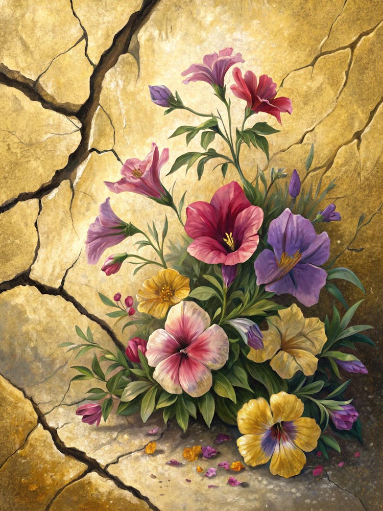 Fleurs de style peinture à l'huile fleurissant à travers les fissures