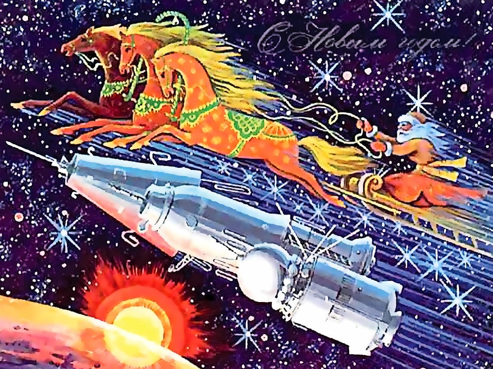 Santa Racing With Space Rockets, Soviet Vintage Holiday Poster, Space Race Era