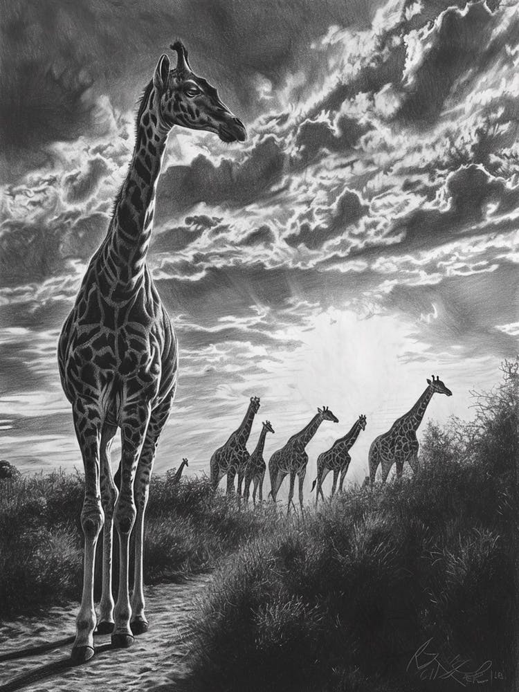 Herd Of Giraffes In The Sun Pencil Drawing 3