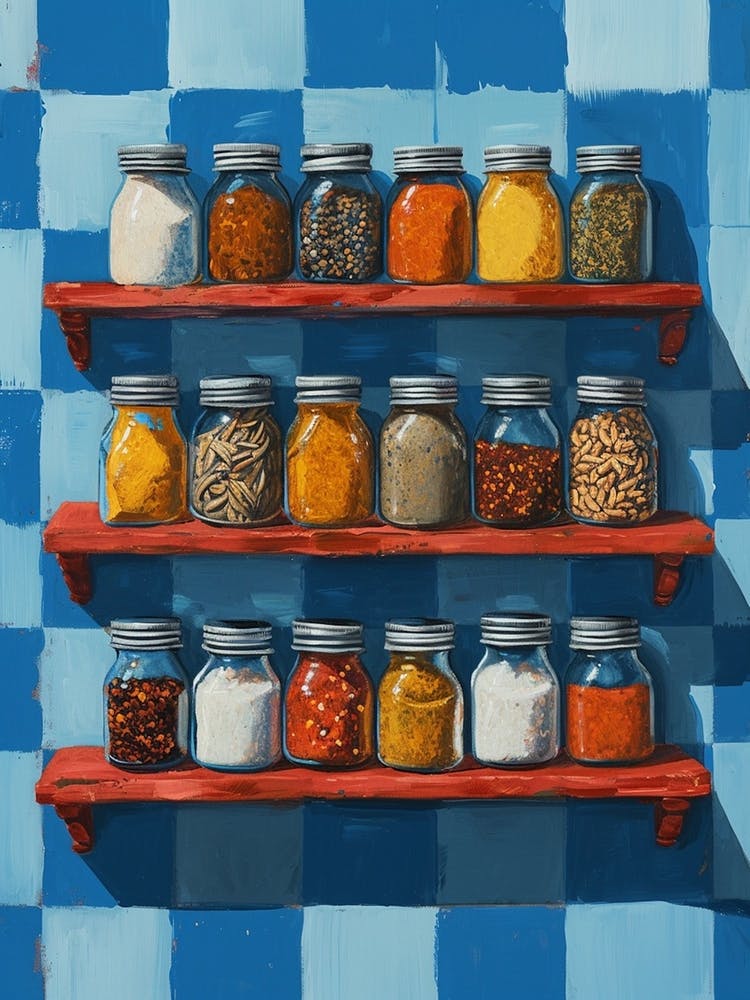 Spices On Shelves Blue Checkerboard
