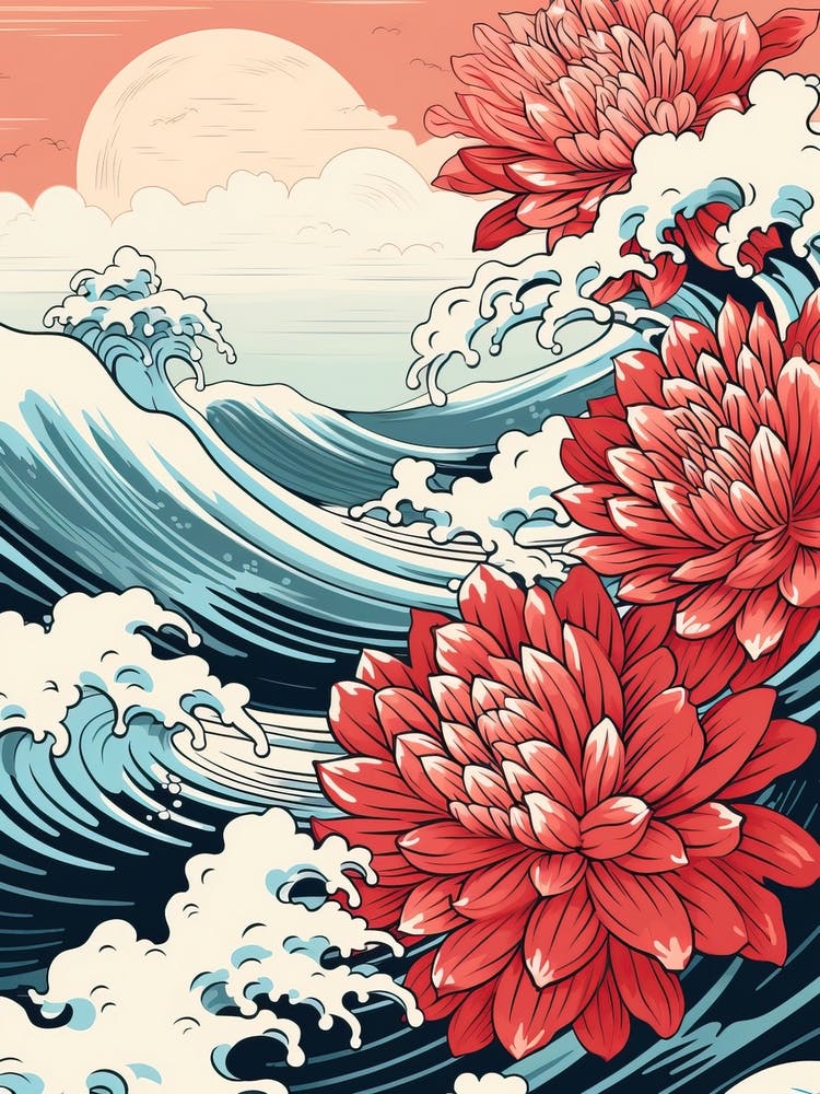 Great Wave With Dahlia Flower Drawing In The Style Of Ukiyo E 2