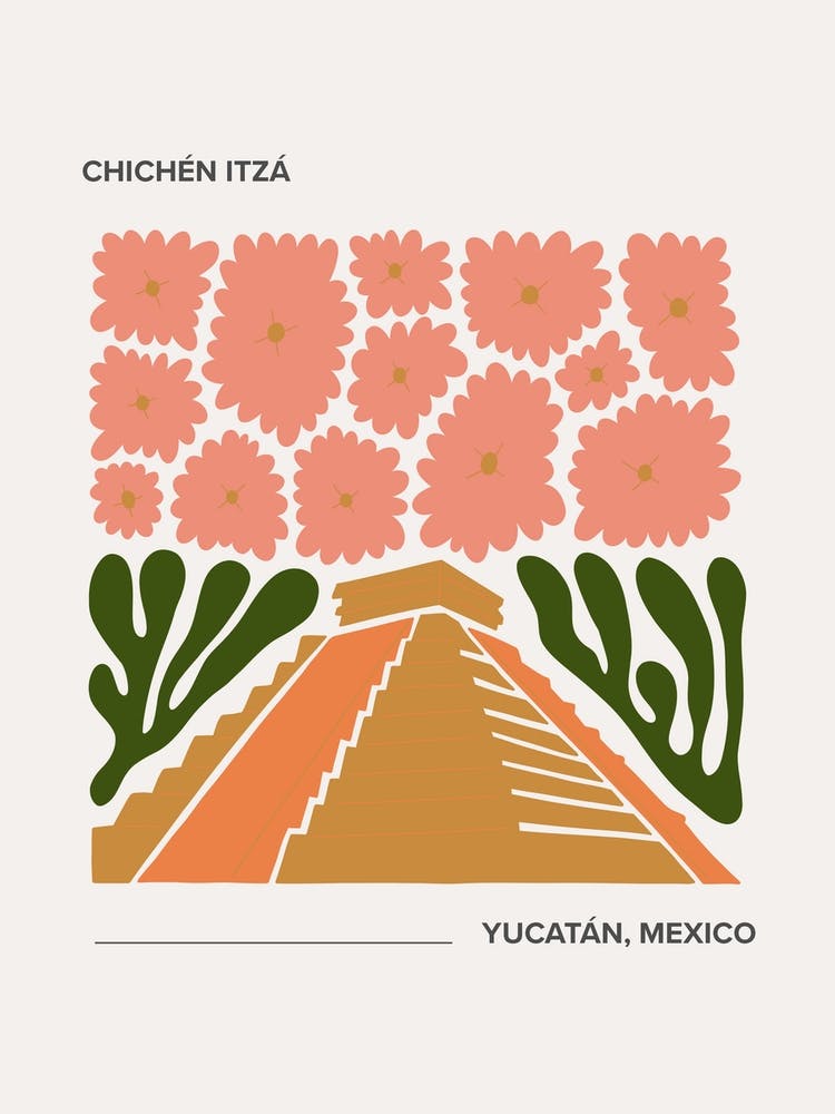 Chichen Itza   Yucatan, Mexico, Warm Colours Illustration Travel Poster 2