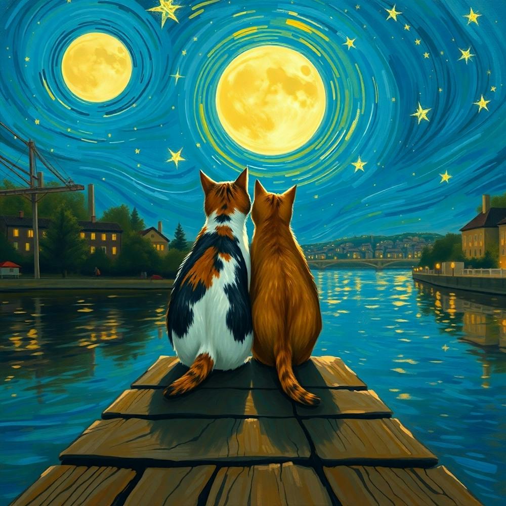 Two Cats Watching The Moon 1