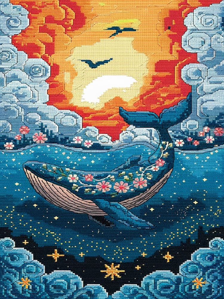 Floral Whale Embroidery With Birds And Fiery Sky 1