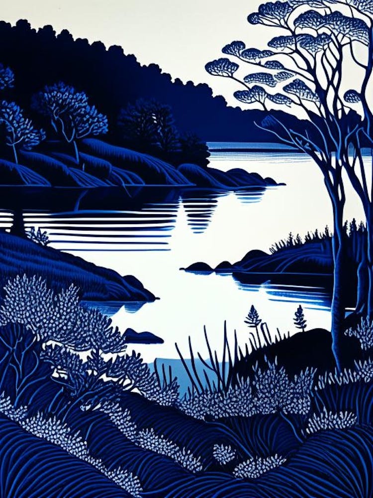 Blue Lake Landscapes Waterscape Linocut 2