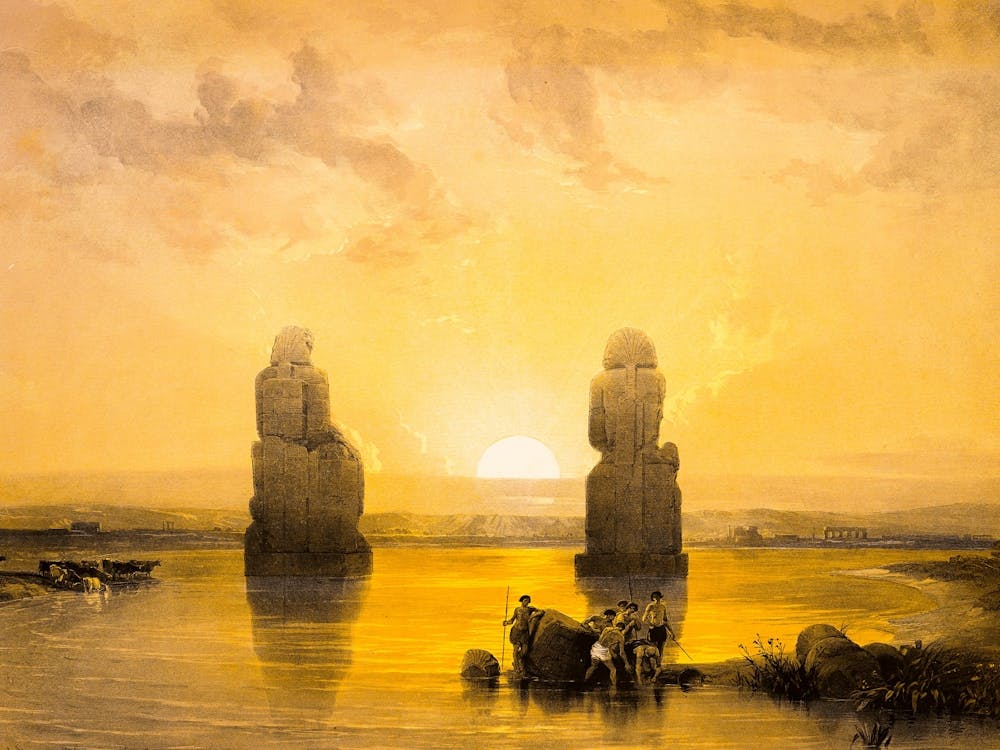 Colossi of Memnon, Thebes 1838 by David Roberts | The Holy Land Egypt, River Nile, Alexandria, Luxor
