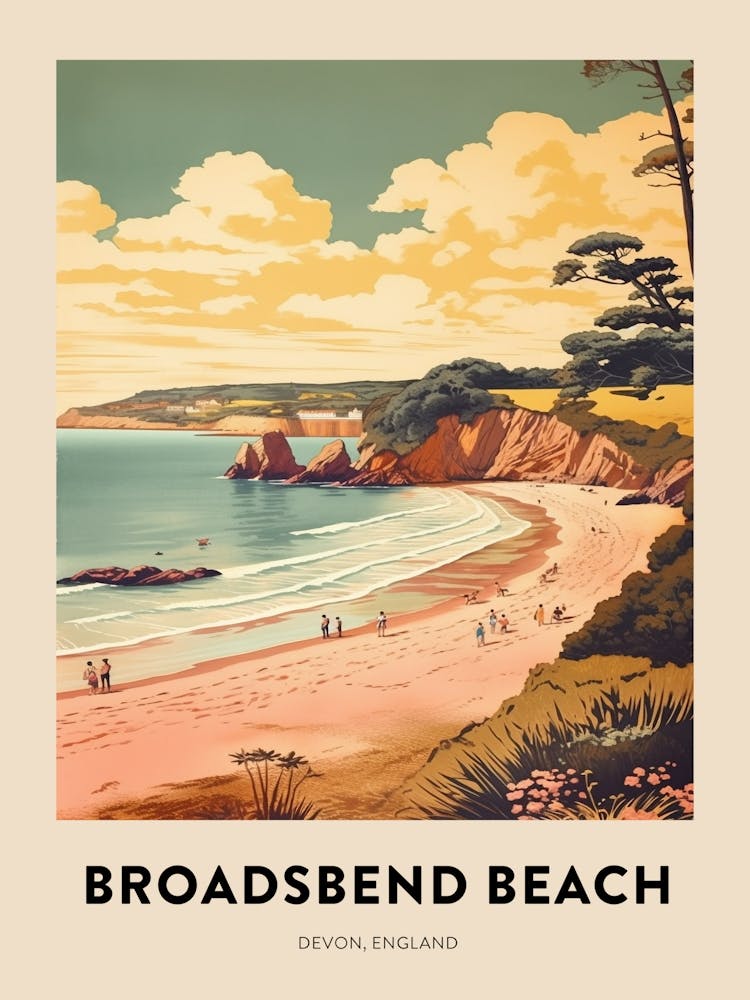 Devon Vintage Travel Poster Broadsbend Beach