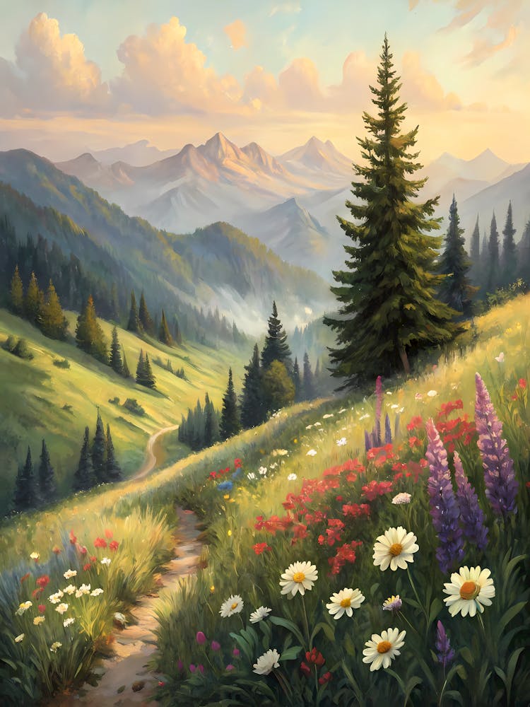 Oil Painting Style Alpine Meadow Trail Vibrant Mountain Landscape with Wildflowers