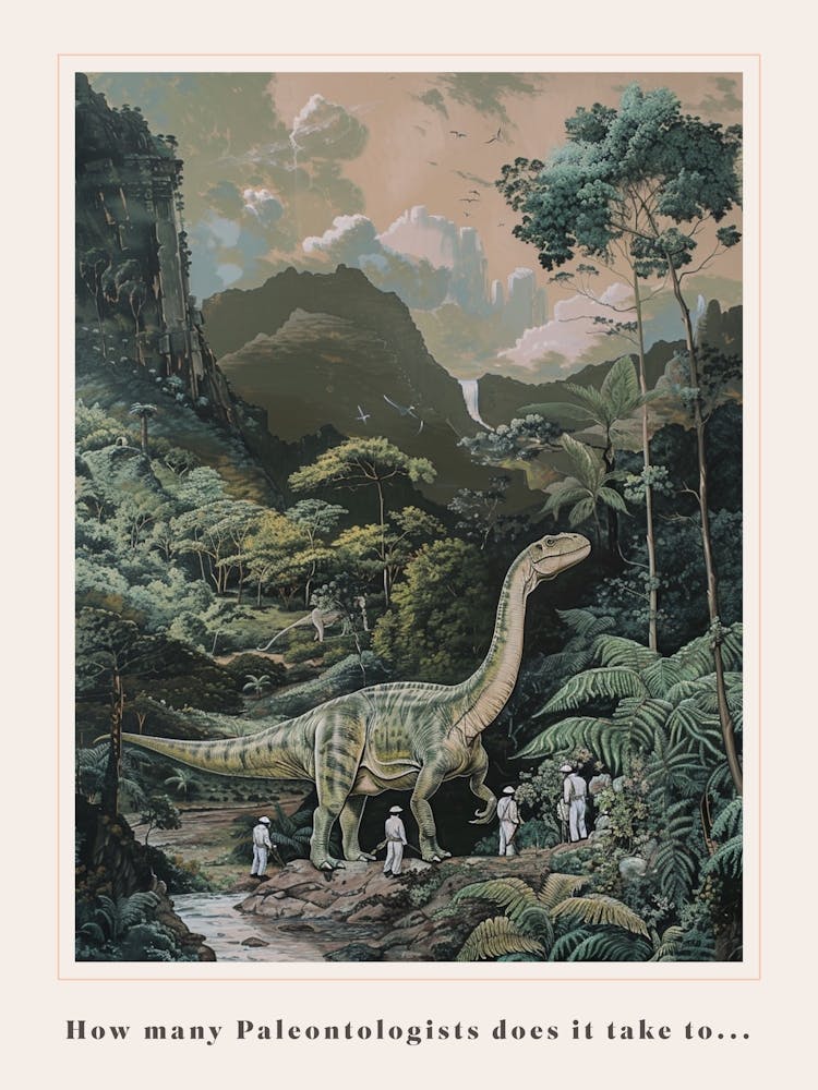 Paleontologists Observing A Dinosaur In The Jungle Painting Poster