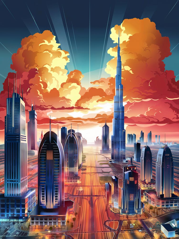 Anime Canvas Art: Vibrant Dubai Cityscape at Sunset, Skyscrapers Bathed in Golden Light, Dramatic Fiery Clouds and Glowing Streets, Perfect for Lofi Urban Aesthetic and Skyline Enthusiasts.