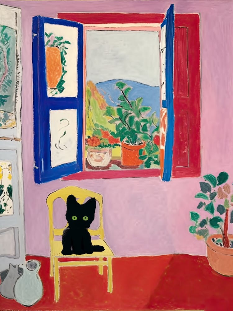 Black Cat And An Open Window With A Yellow Chair