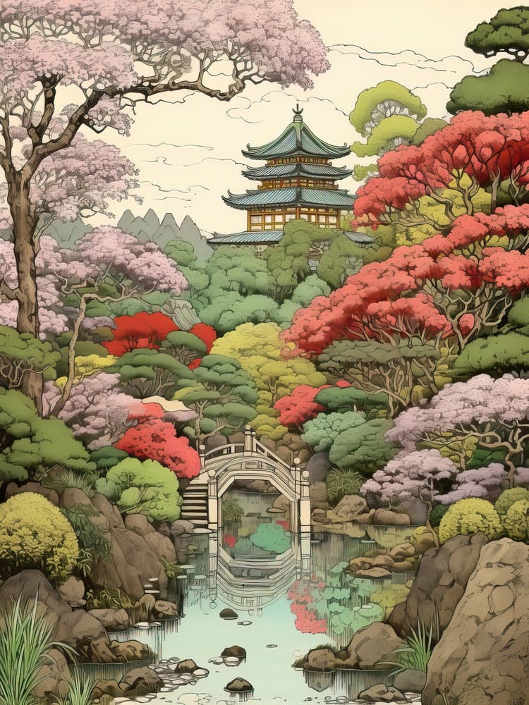 Rikugien Garden In Tokyo, Ukiyo E Drawing 3
