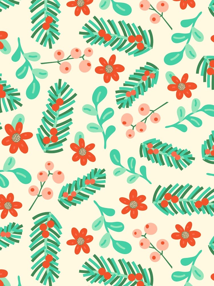 Green and Red Mistletoe and Winter Botanicals on Cream