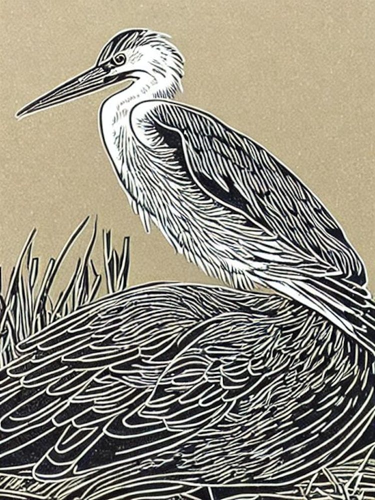Egret Linocut Bird