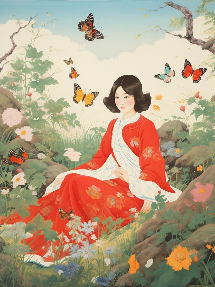 Japanese Style Painting Of Butterflies & Woman In The Meadow