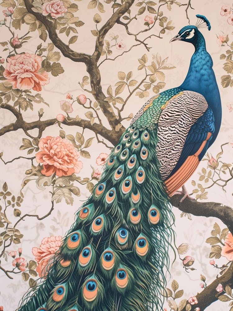 Pastel Vintage Sepia Peacock In A Tree 1