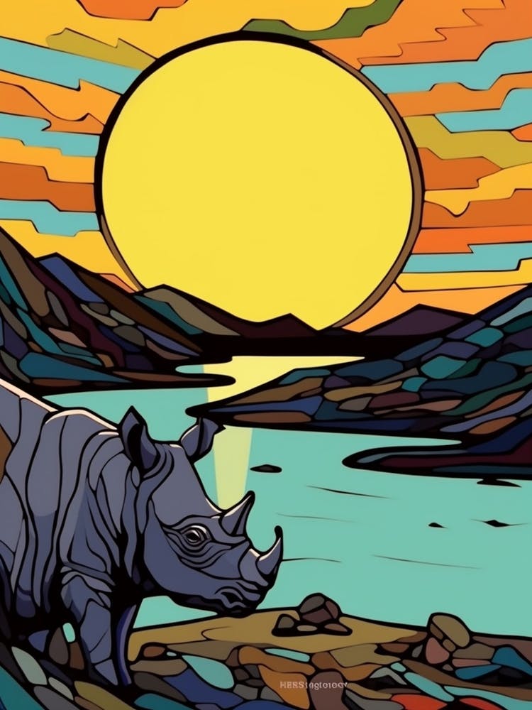 Simple Line Illustration Rhino By The River 2