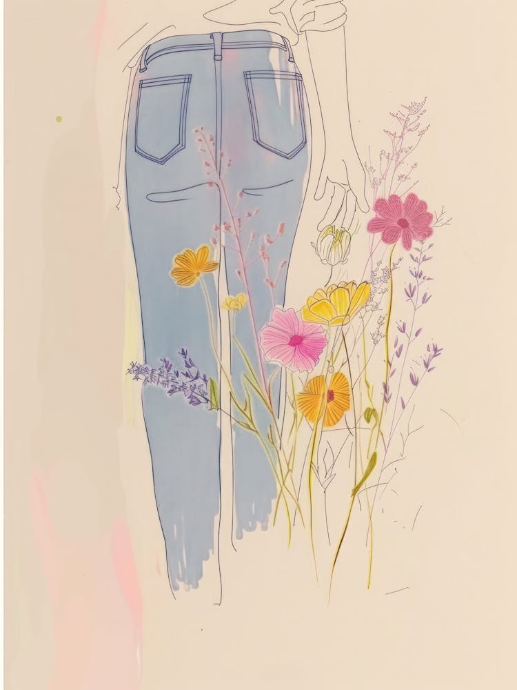 Floral Blue Jeans Line Art 1