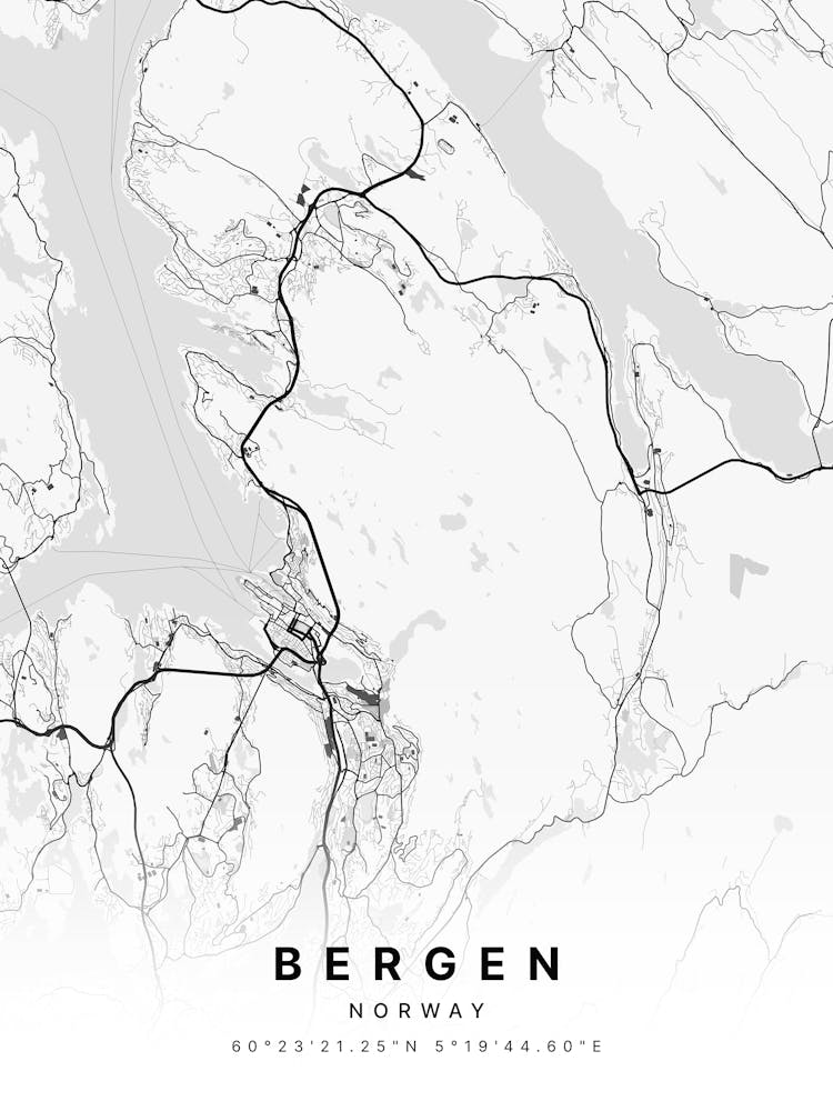 Bergen Norway White Map 1