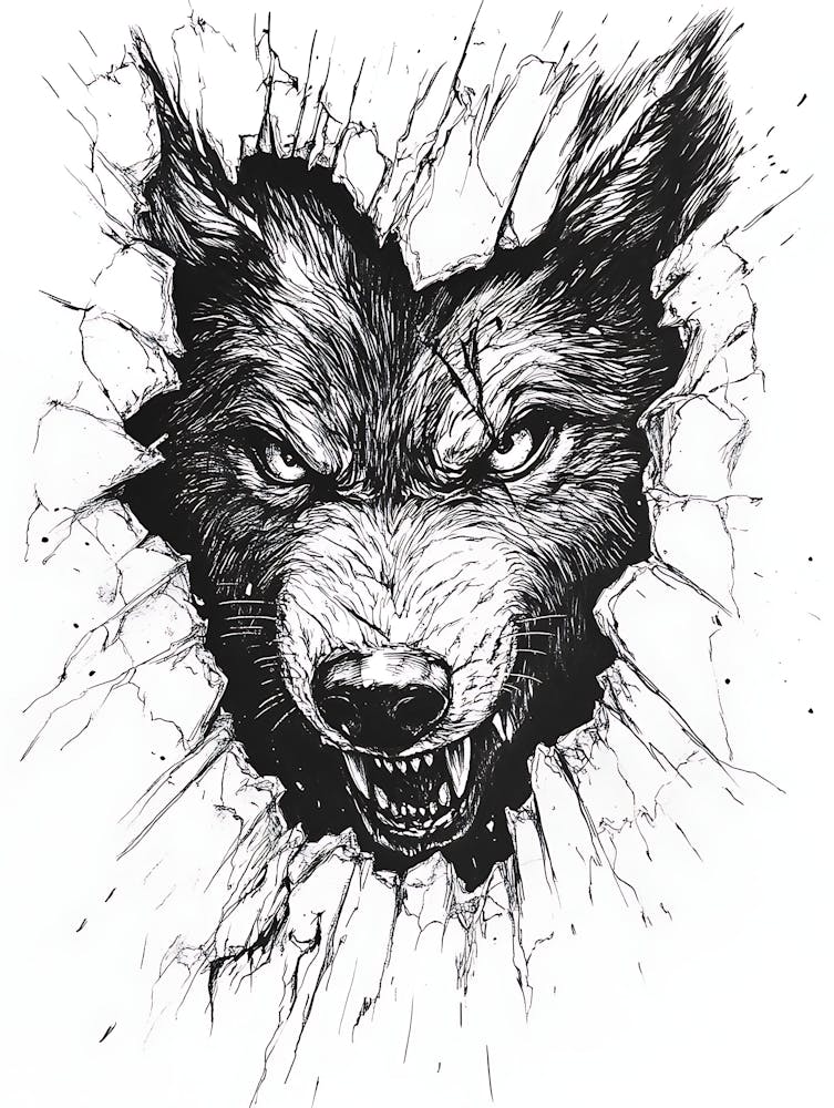 Angry Wolf Watching from Wall Hole 7