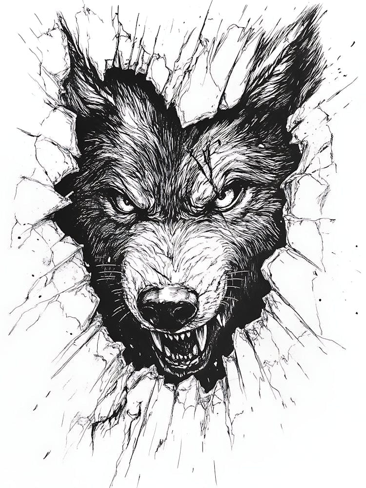 Angry Wolf Watching from Wall Hole 7