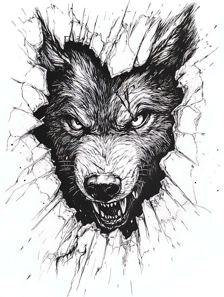 Angry Wolf Watching from Wall Hole 7