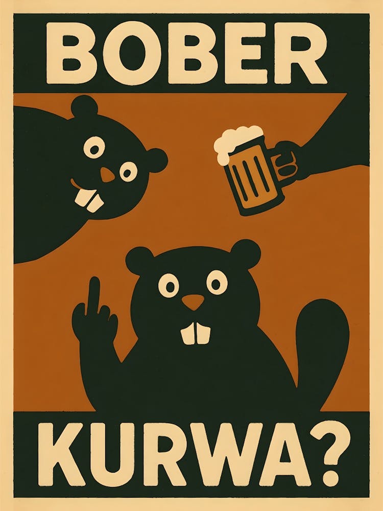 Drunk Bober Poster – Beer, Beaver, Kurwa: Bober's back and drunk with attitude — this beaver flips the middle finger in vintage cartoon style. Rude, hilarious, and totally Polish, this funny beer-loving animal brings party chaos, weird humor, and meme-lev